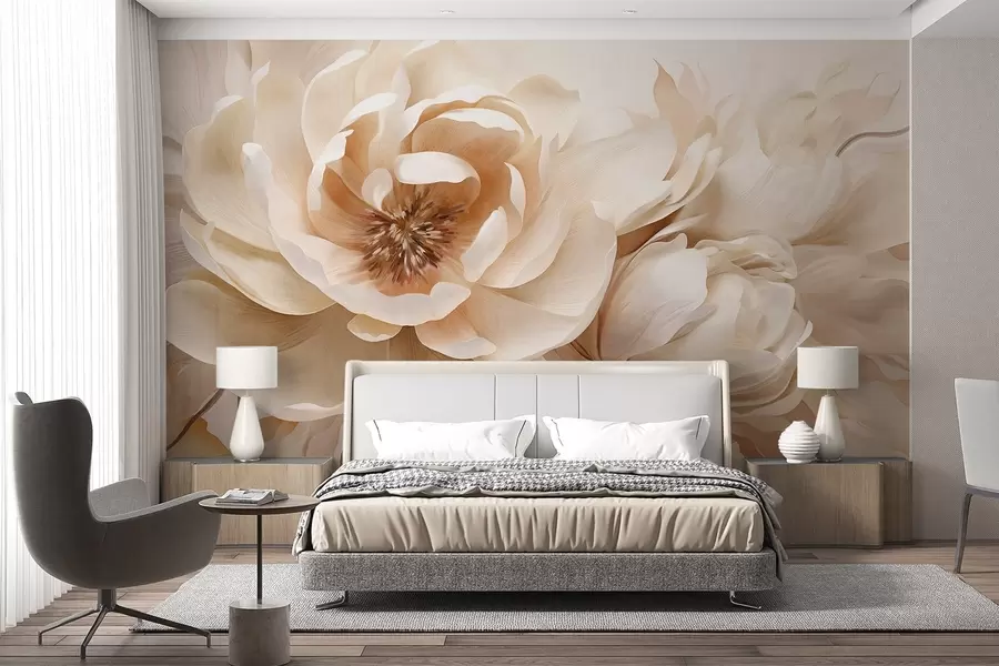 Wall Mural Photo Wallpaper Creamy textured peonies with brown centers and leaves on a blurred light abstract background w09554