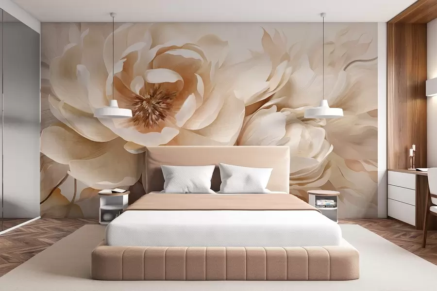 Wall Mural Photo Wallpaper Creamy textured peonies with brown centers and leaves on a blurred light abstract background w09554