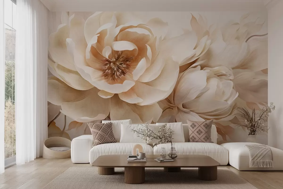 Wall Mural Photo Wallpaper Creamy textured peonies with brown centers and leaves on a blurred light abstract background w09554