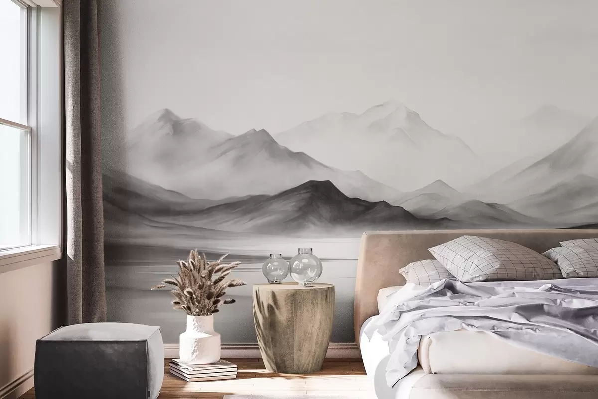 wall murals A monochromatic textured landscape with misty mountains and a lake in the foreground w09555