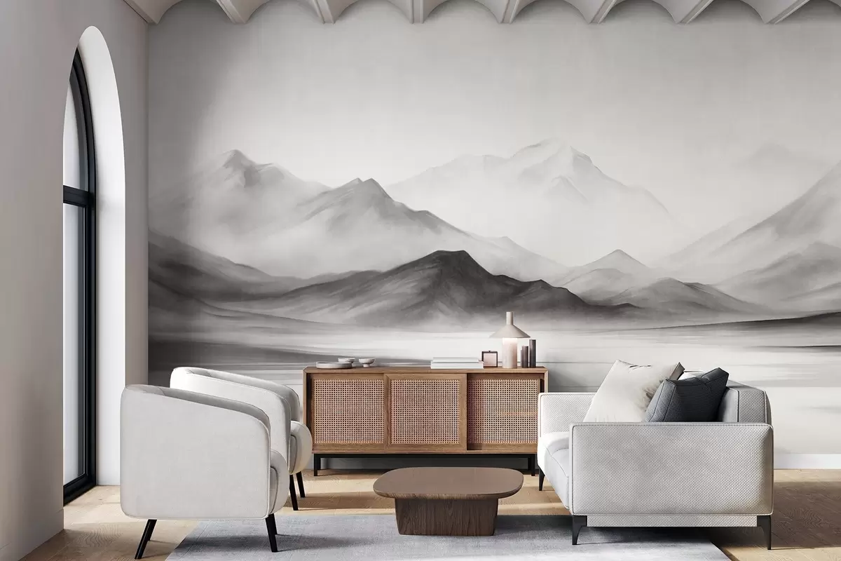 Wall Mural Photo Wallpaper A monochromatic textured landscape with misty mountains and a lake in the foreground w09555