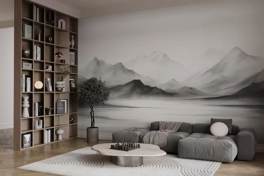 Wall Mural Photo Wallpaper A monochromatic textured landscape with misty mountains and a lake in the foreground w09555