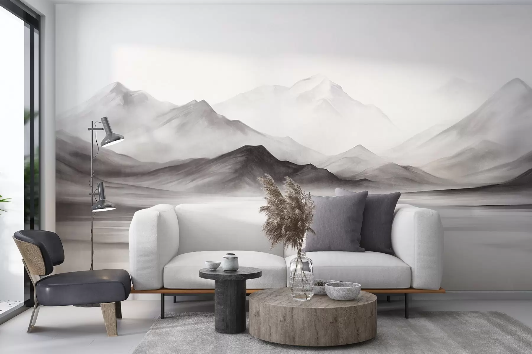 Wall Mural Photo Wallpaper A monochromatic textured landscape with misty mountains and a lake in the foreground w09555