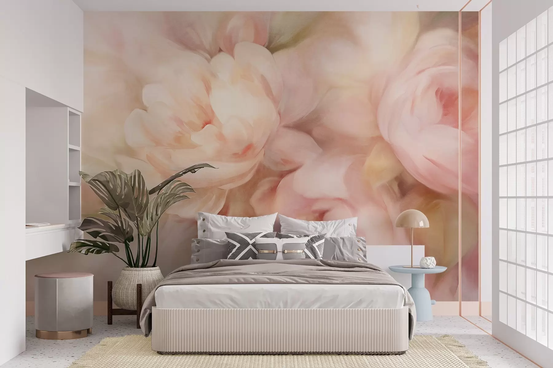 Wall Mural Photo Wallpaper Blured pale pink and cream peonies with soft, painterly brushstrokes imitation, creating a textured floral arrangement w09556