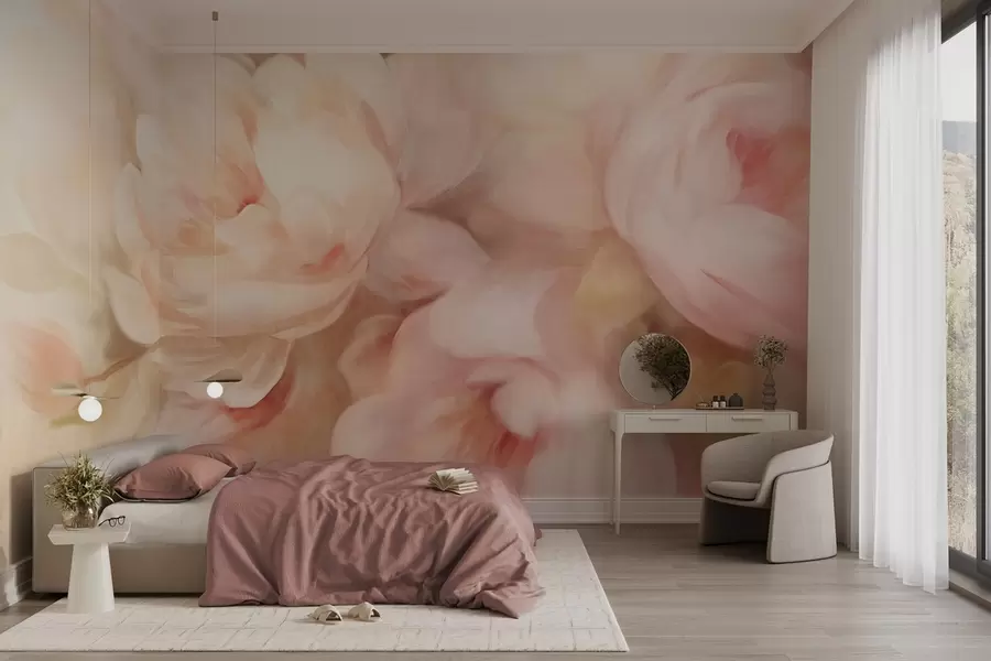 peintures murales Pivoines rose pâle et crème estompées, imitant les coups de pinceau doux et picturaux, créant un arrangement floral texturé. w09556