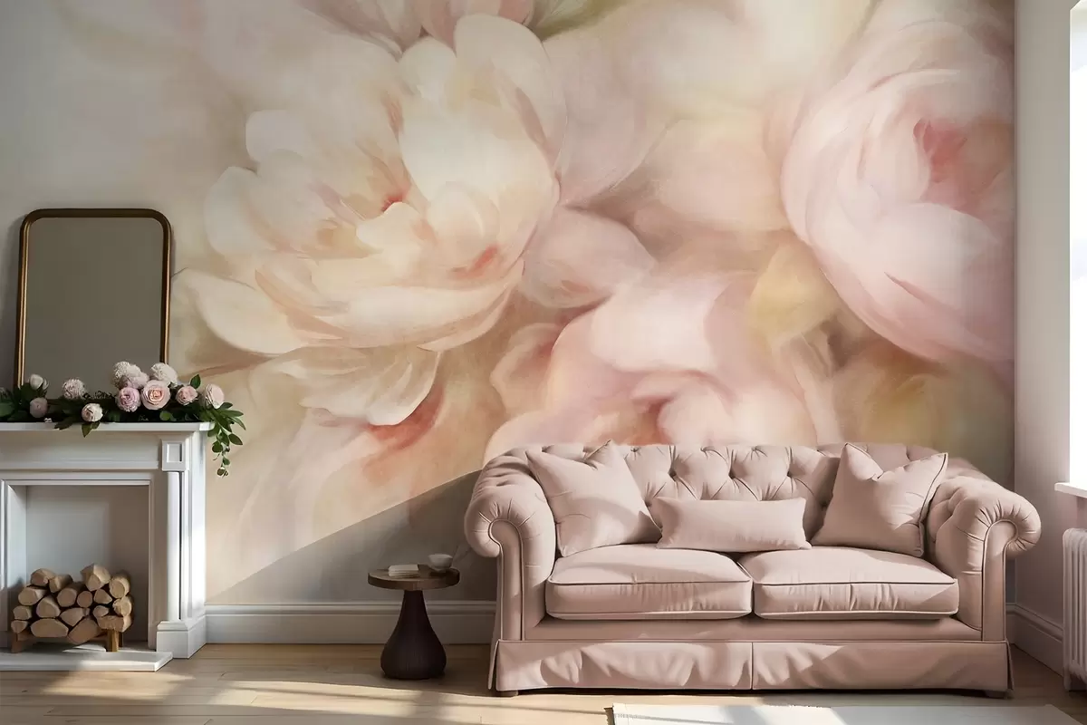 Wall Mural Photo Wallpaper Blured pale pink and cream peonies with soft, painterly brushstrokes imitation, creating a textured floral arrangement w09556