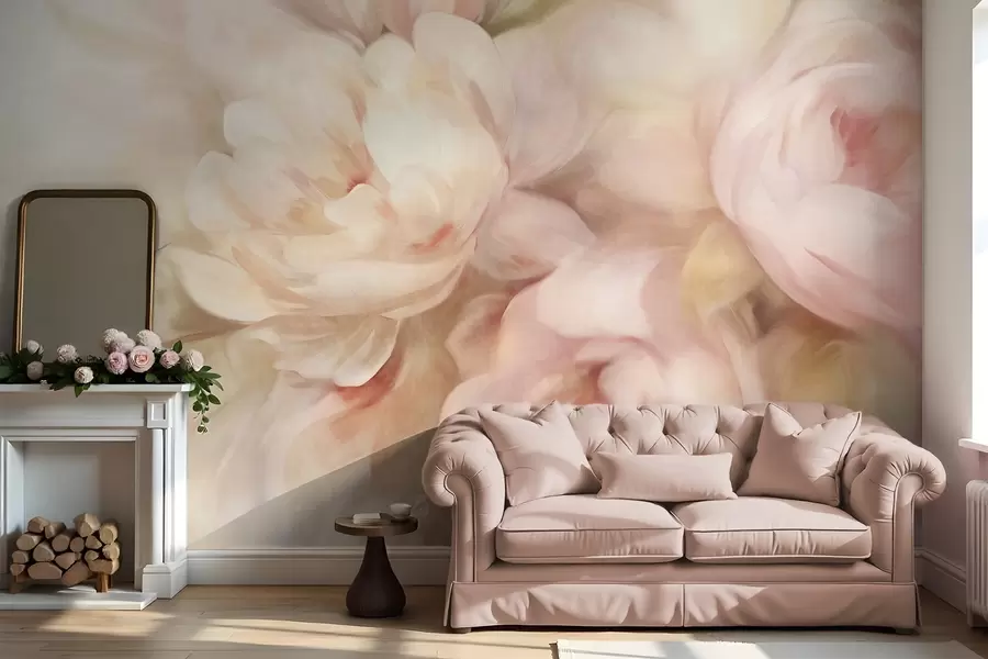 peintures murales Pivoines rose pâle et crème estompées, imitant les coups de pinceau doux et picturaux, créant un arrangement floral texturé. w09556