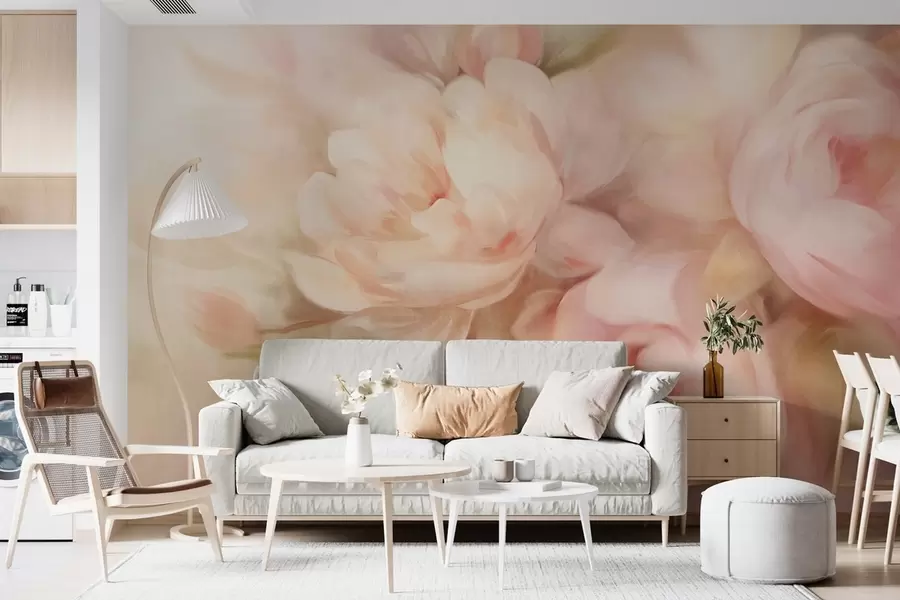 murales Peonías difuminadas en rosa pálido y crema con suaves pinceladas pictóricas, creando un arreglo floral con textura w09556