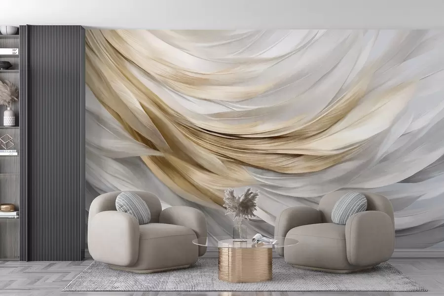 Wall Mural Photo Wallpaper Abstract textured white, gray and yellow feathers, creating a flowing, layered pattern against a light background w09557