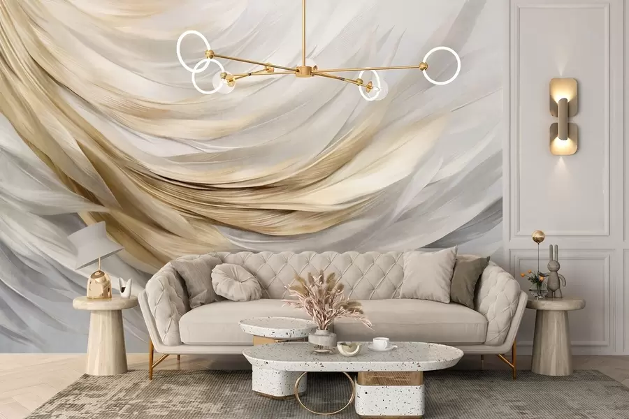 Wall Mural Photo Wallpaper Abstract textured white, gray and yellow feathers, creating a flowing, layered pattern against a light background w09557