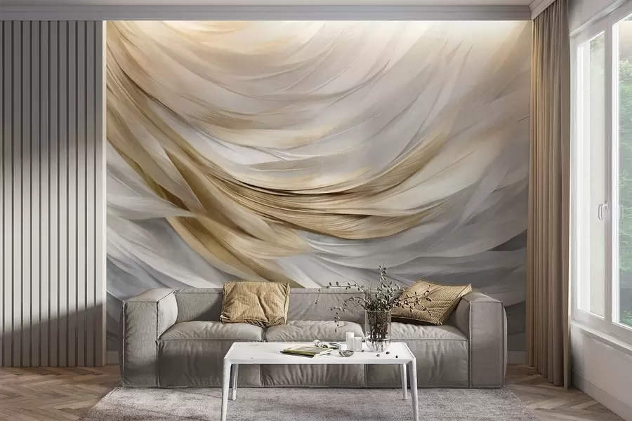 murales Plumas abstractas con textura en blanco, gris y amarillo, creando un patrón fluido y en capas sobre un fondo claro w09557