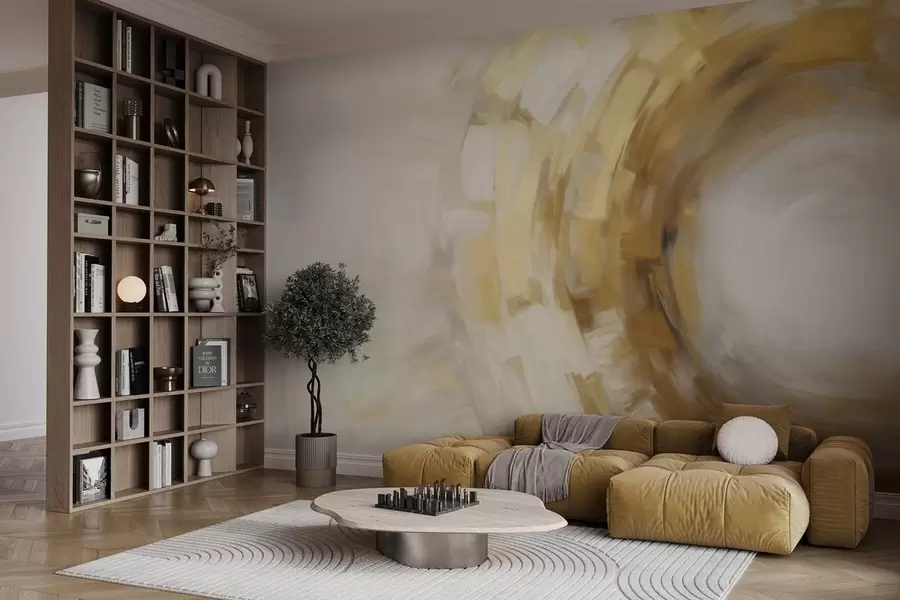 murales Imitación de pintura abstracta con pinceladas circulares texturizadas en amarillo y blanco, creando una sensación de movimiento w09558