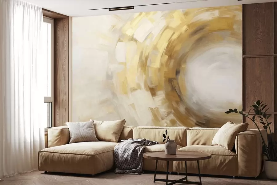 Wall Mural Photo Wallpaper Abstract painting imitation with circular textured brushstrokes in yellow and white, creating a sense of movement w09558