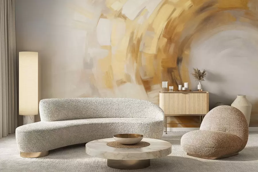 Wall Mural Photo Wallpaper Abstract painting imitation with circular textured brushstrokes in yellow and white, creating a sense of movement w09558