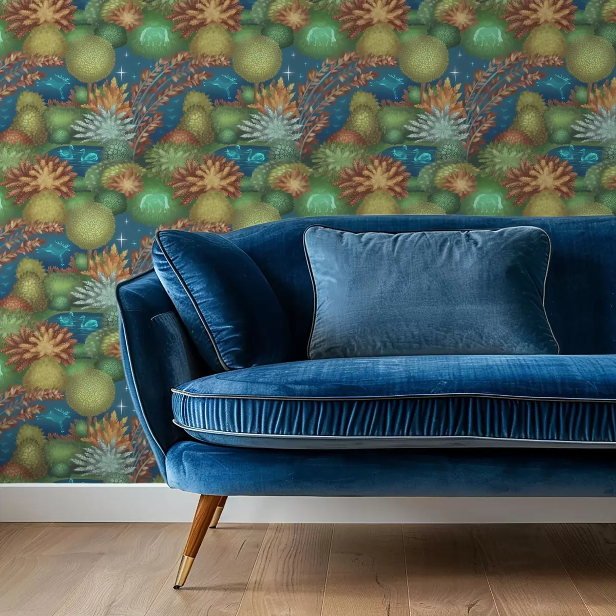 Papier peint Jardin féérique nocturne avec un lac et des animaux lumineux a00851