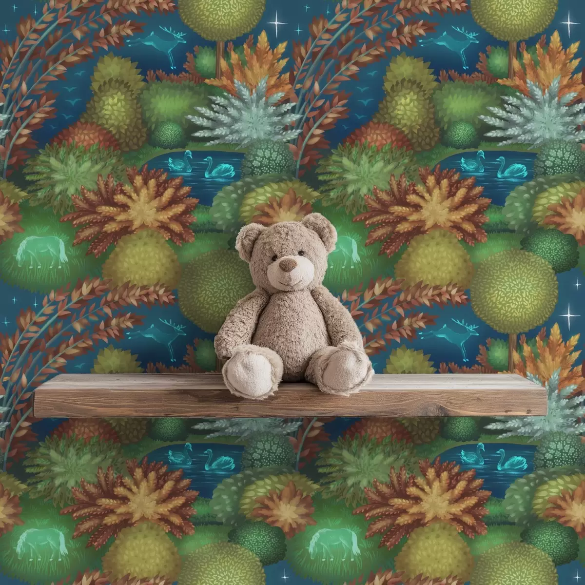 Wallpaper Fairytale night garden with a lake and glowing animals a00851