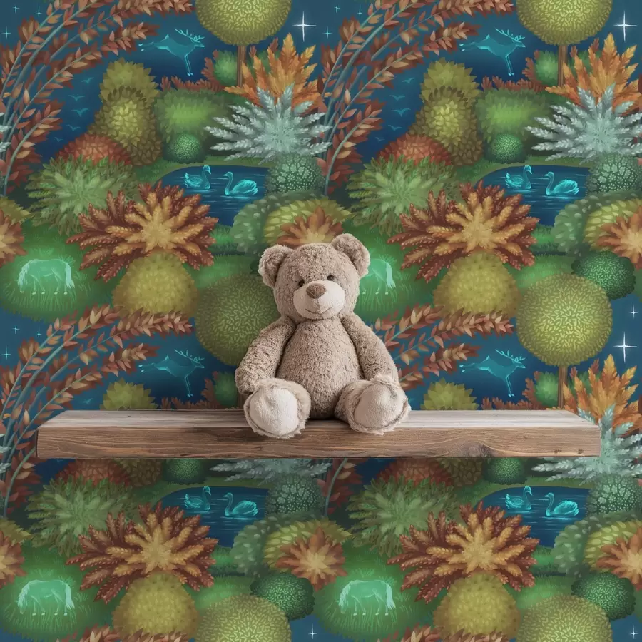 peintures murales Jardin féérique nocturne avec un lac et des animaux lumineux a00851