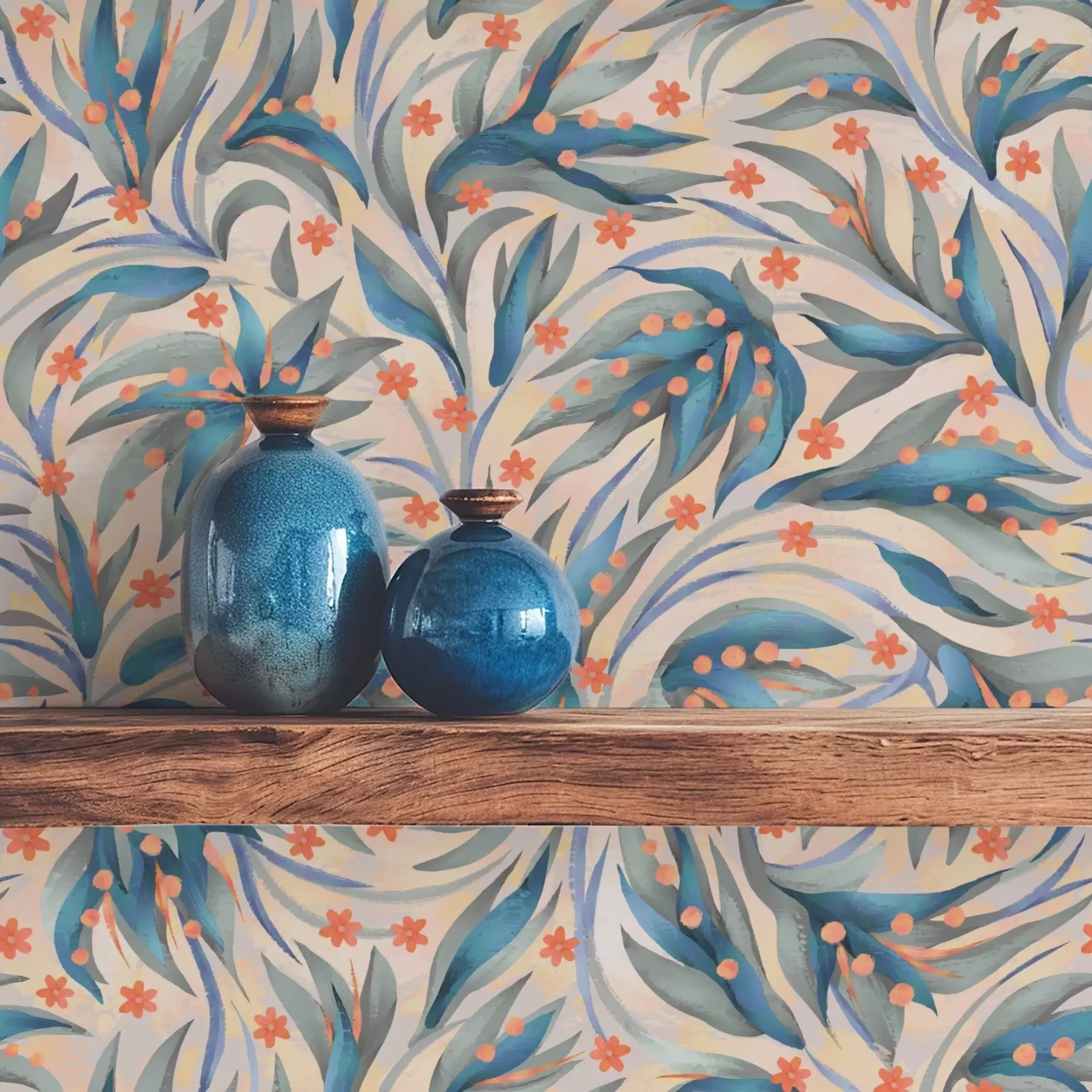 peintures murales Feuillage bleu abstrait avec fleurs corail a00852