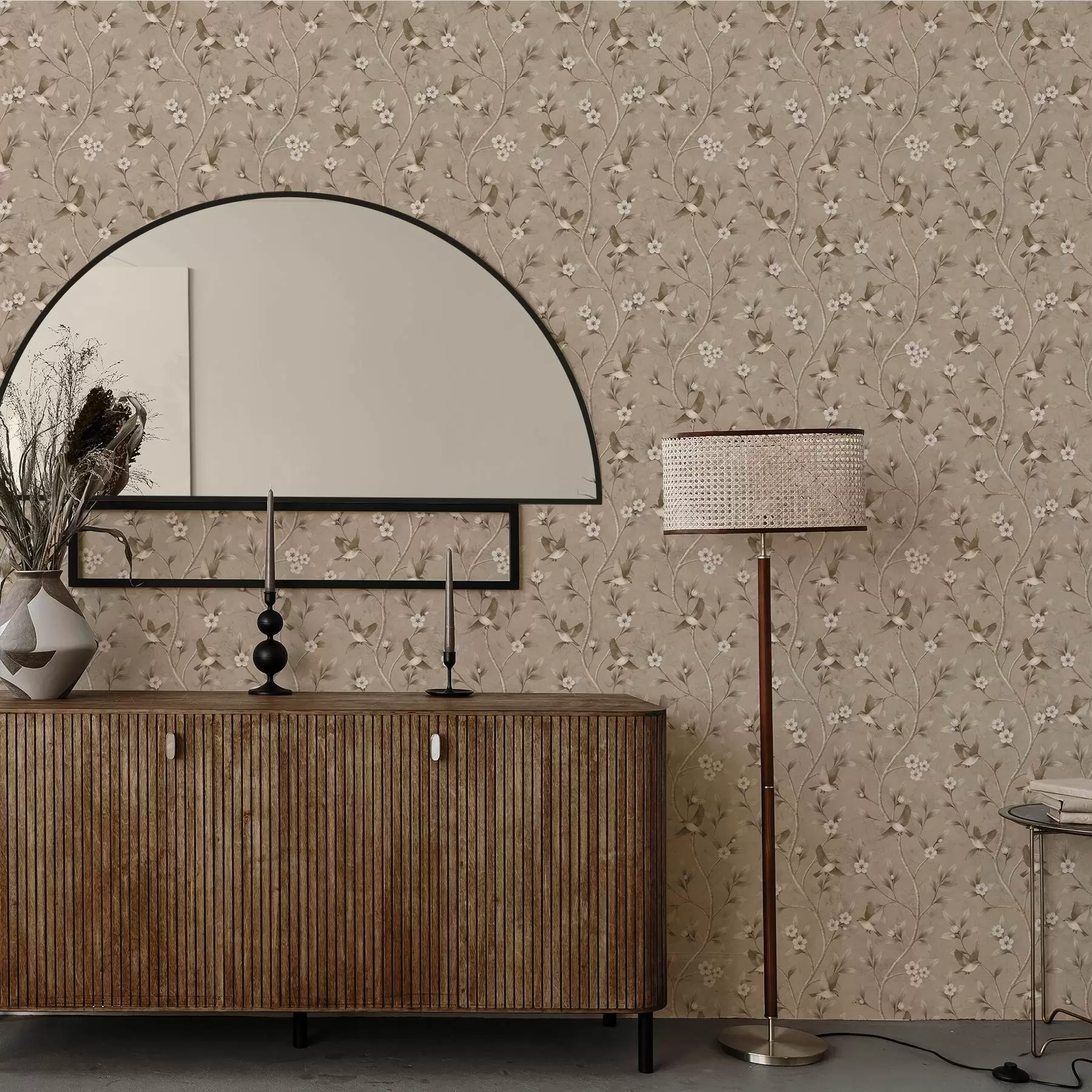 Wall Mural Photo Wallpaper Birds and blooming branches in warm sepia tones a00882