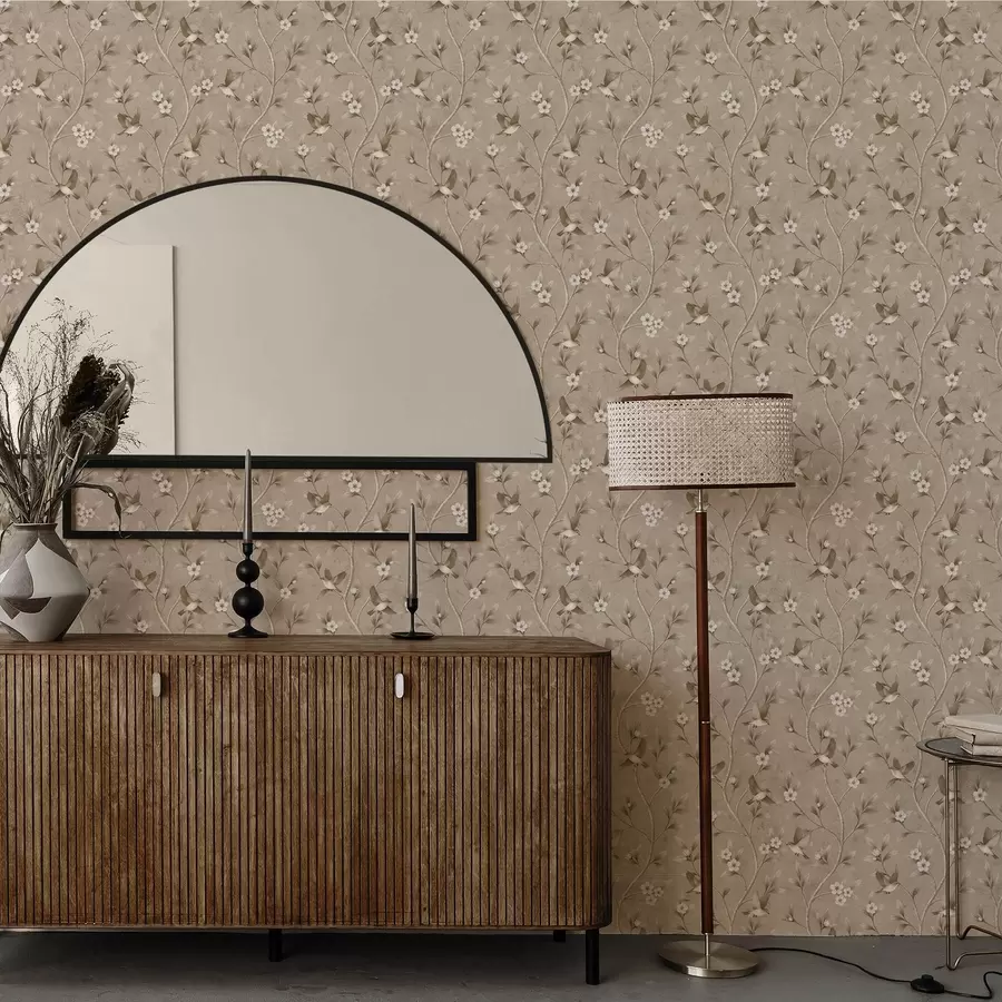 wall murals Birds and blooming branches in warm sepia tones a00882