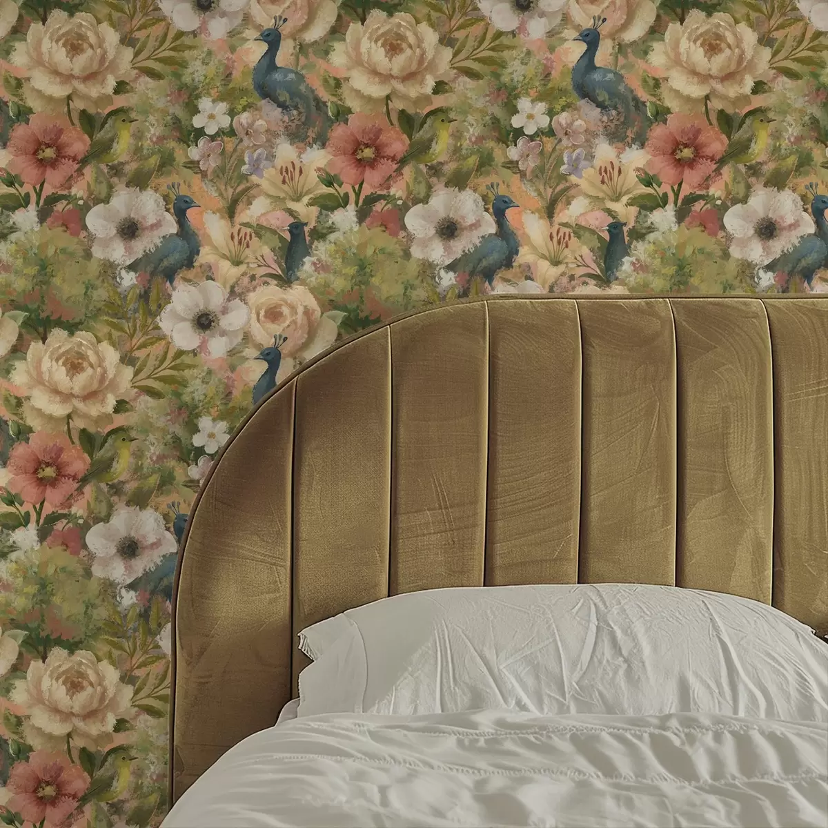 Wallpaper Painterly garden with peacocks and large flowers a00885