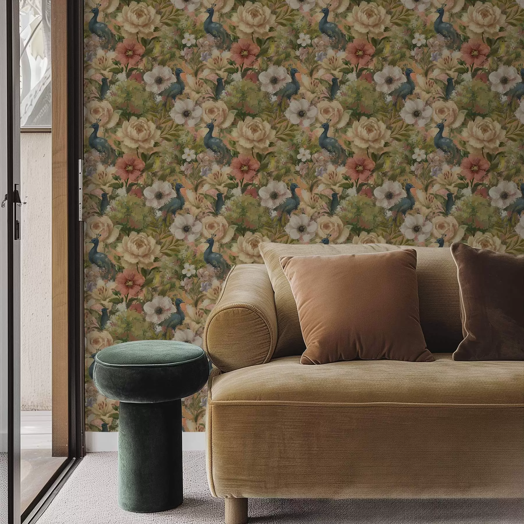 Wall Mural Photo Wallpaper Painterly garden with peacocks and large flowers a00885