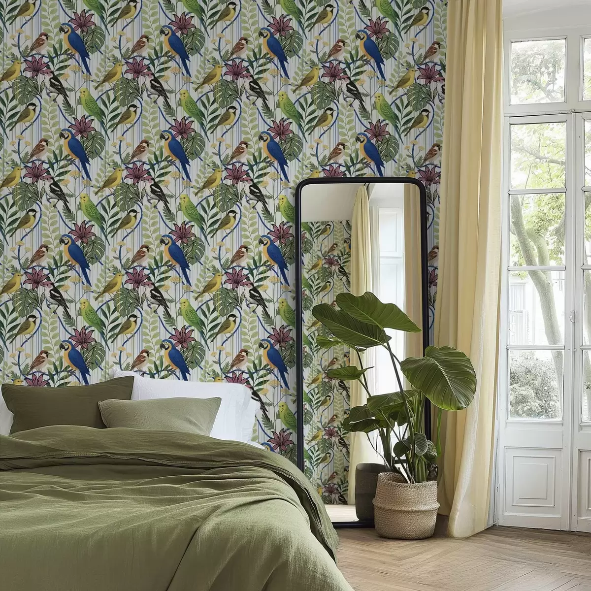 Papier peint Oiseaux exotiques aux couleurs vives parmi la végétation tropicale a00887