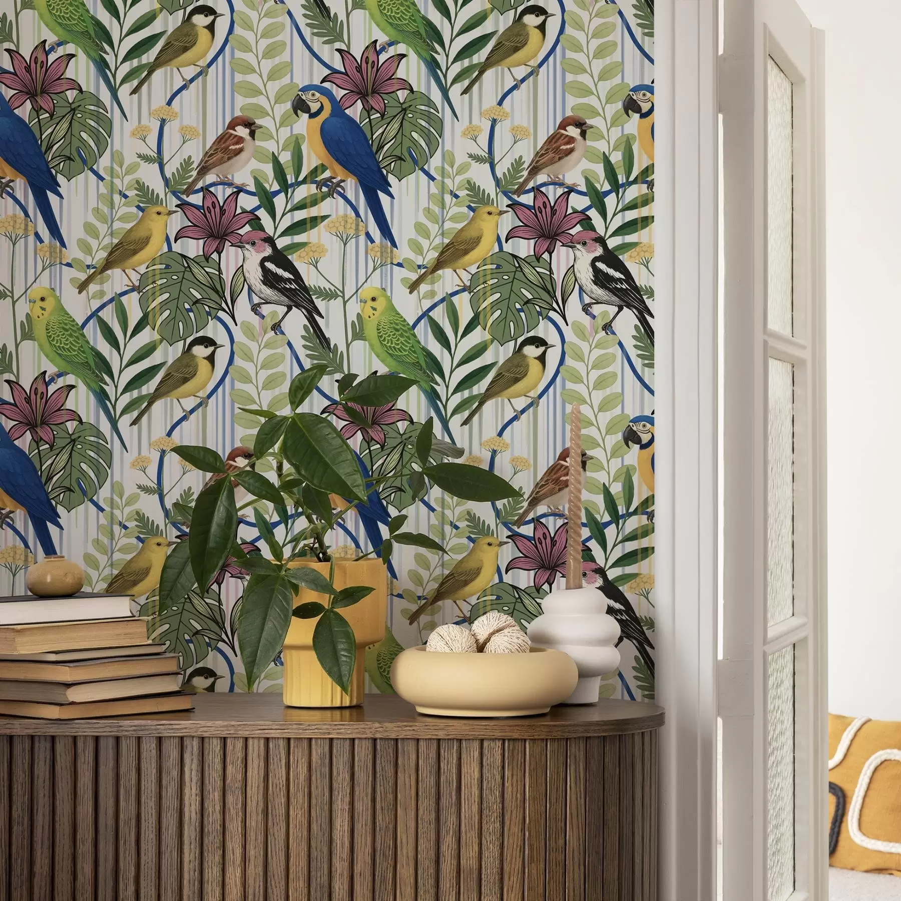 Wall Mural Photo Wallpaper Bright exotic birds among tropical greenery a00887