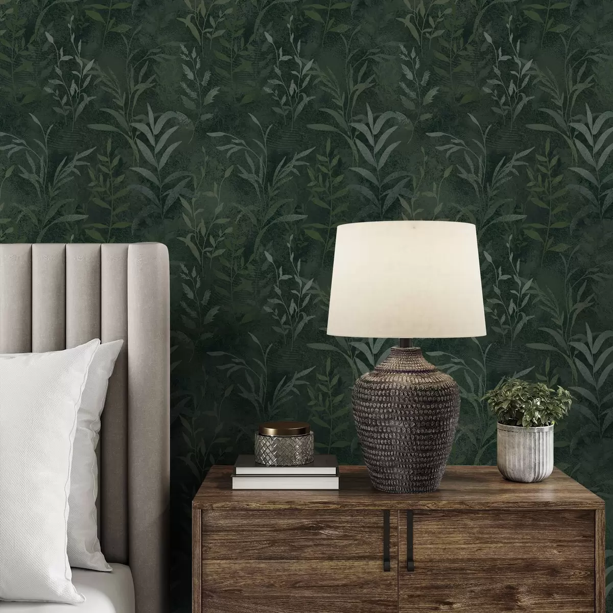 Papier peint Fond vert foncé avec des branches de feuilles translucides a00888