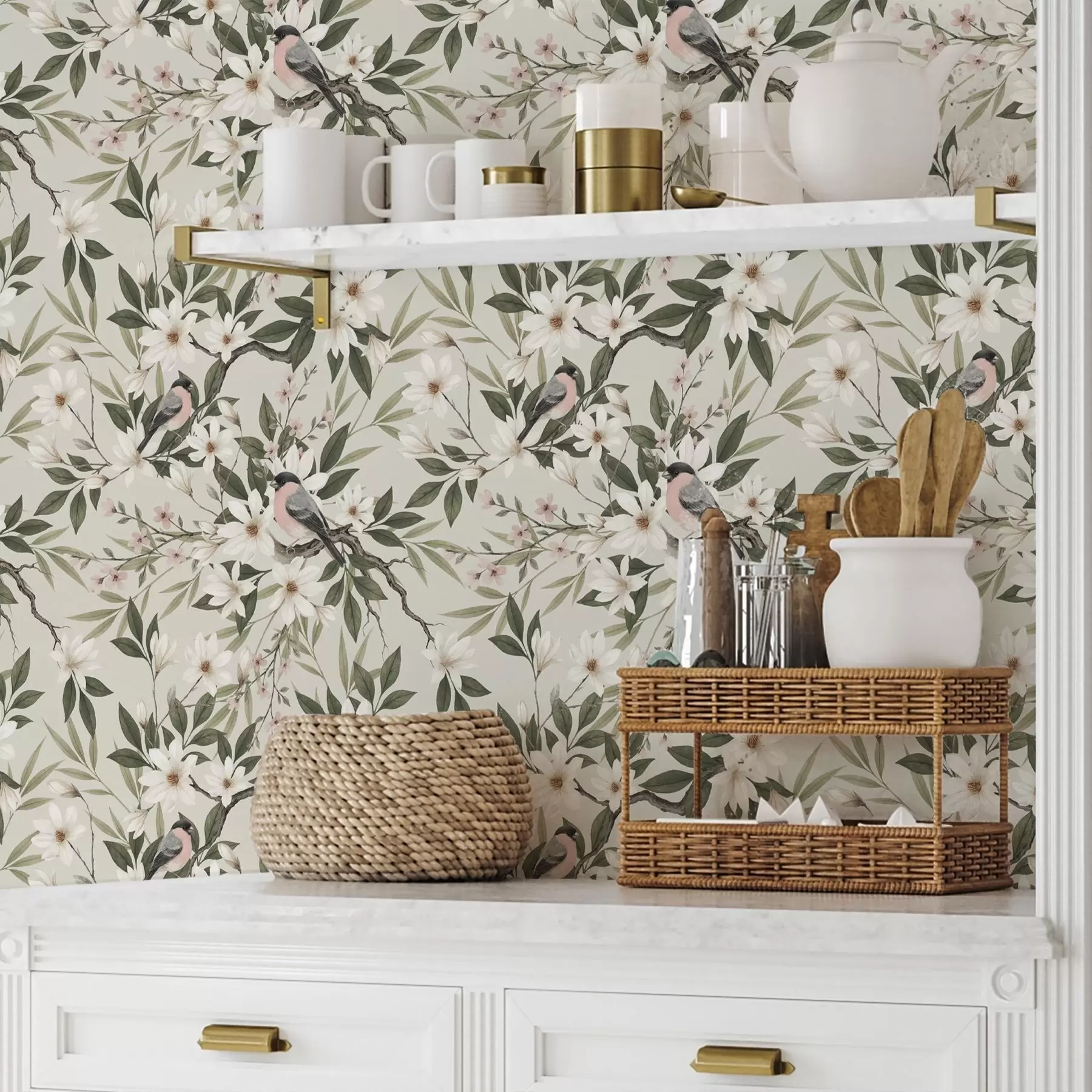 Wall Mural Photo Wallpaper Bullfinches with white chests on branches with cream flowers a00889