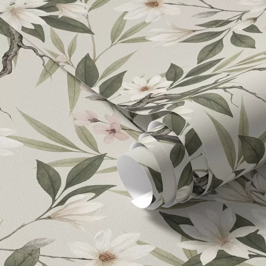 peintures murales Bouvreuils à poitrine blanche sur des branches couvertes de fleurs crème a00889