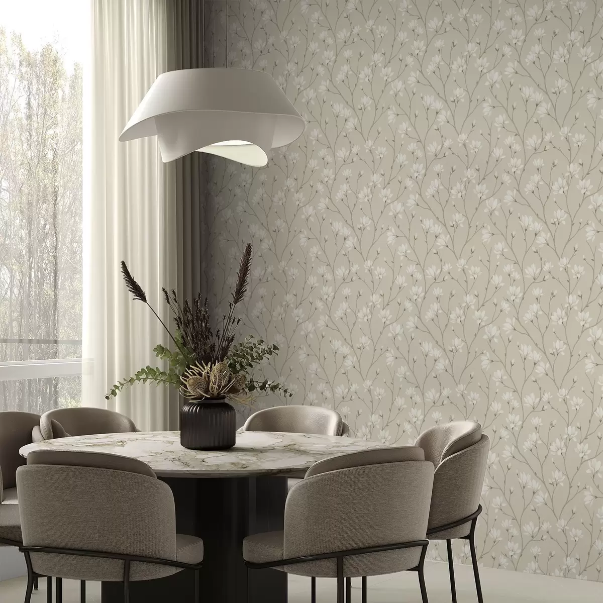 Wallpaper Light magnolias on slender beige branches a00890