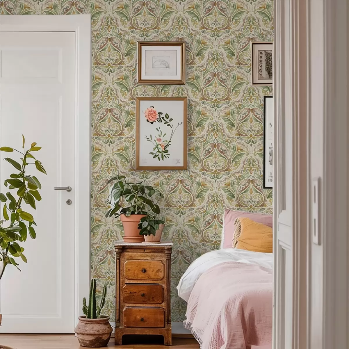 Wallpaper Watercolour leafy swirls in green and warm ochre tones a00927