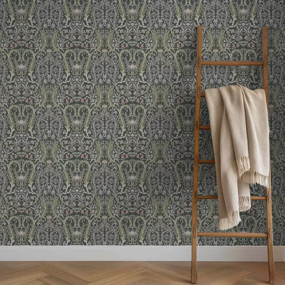 Papier peint Ornement floral symétrique sur fond vert foncé a00928