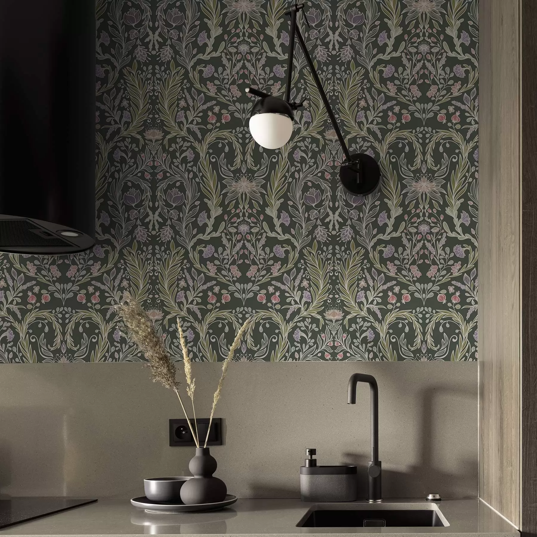 Wall Mural Photo Wallpaper Symmetrical floral ornament on a dark green background a00928