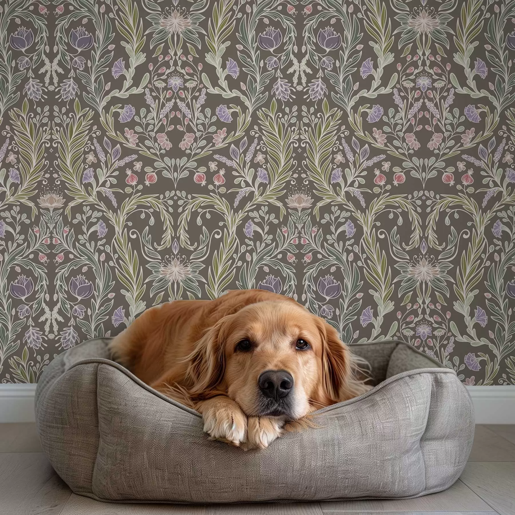 murales Flores y hojas simétricas sobre un fondo gris marrón. a00928v2