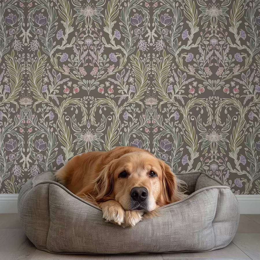 murales Flores y hojas simétricas sobre un fondo gris marrón. a00928v2