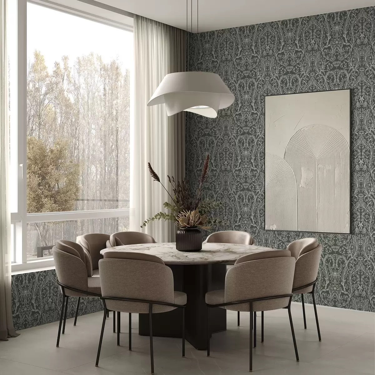 Wallpaper Linear floral pattern on a dark green background a00929