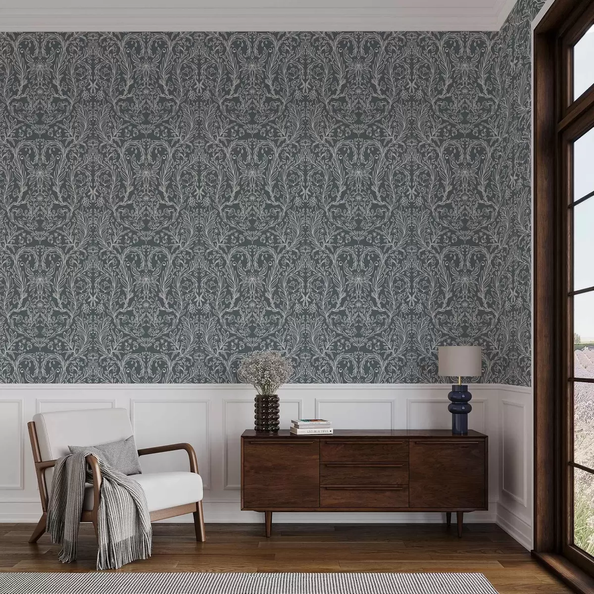 Wallpaper Linear floral ornament on a bluish-grey background a00929v1