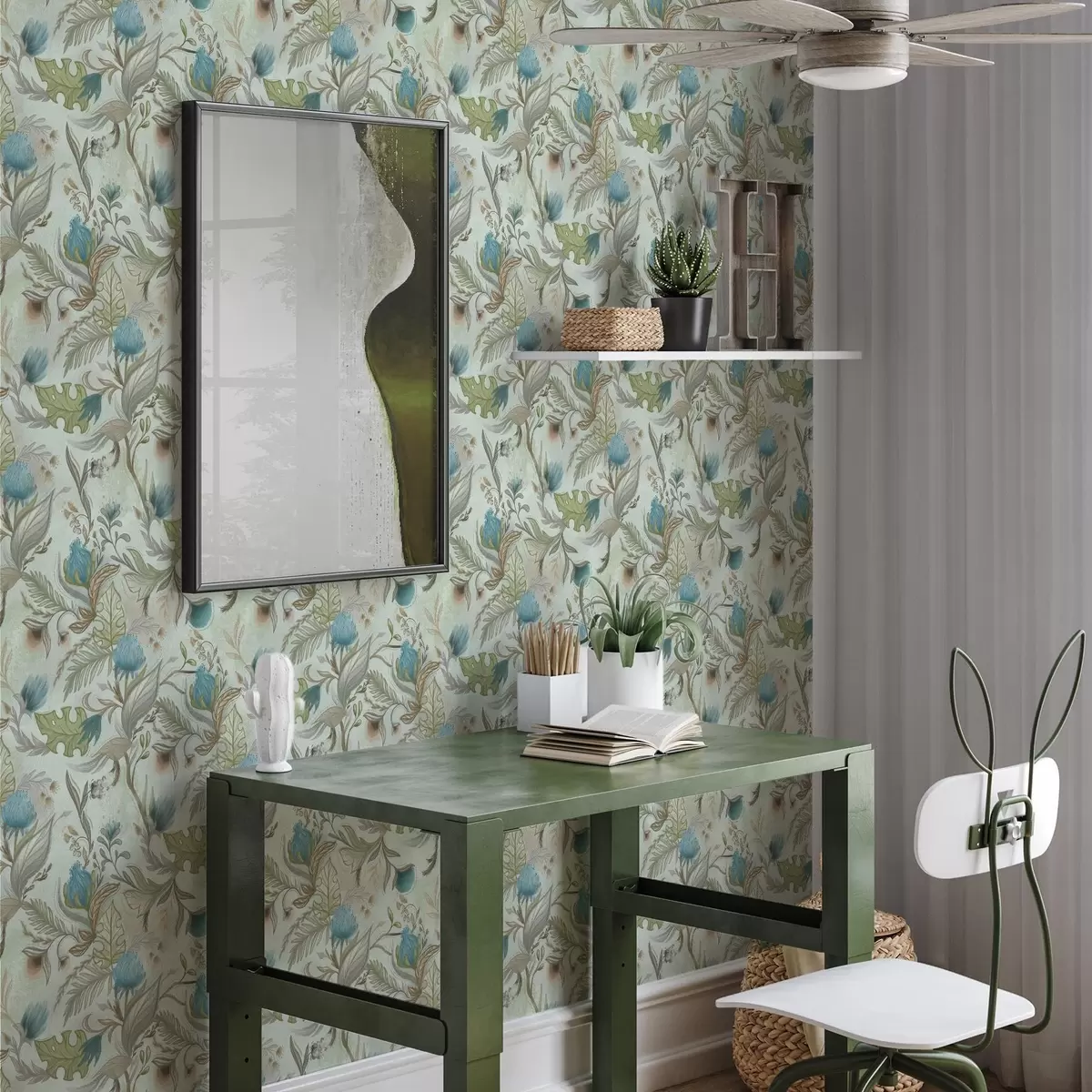 Wallpaper Blue flowers and greenery on a soft mint background a00930v1