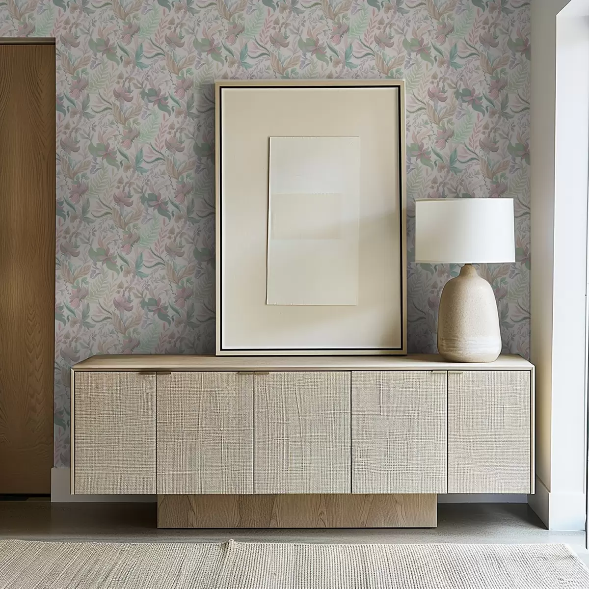 Papier peint Fleurs et feuilles délicates aux couleurs pastel sur fond clair a00931