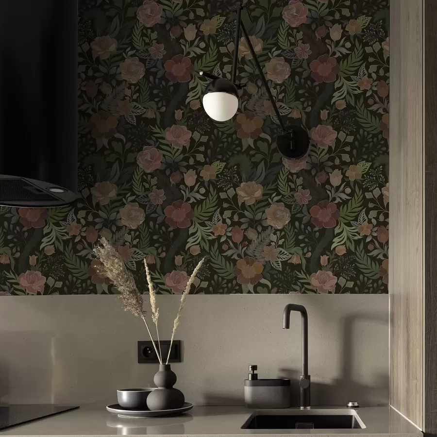 wall murals Rich flowers and greenery on a deep dark background a00932