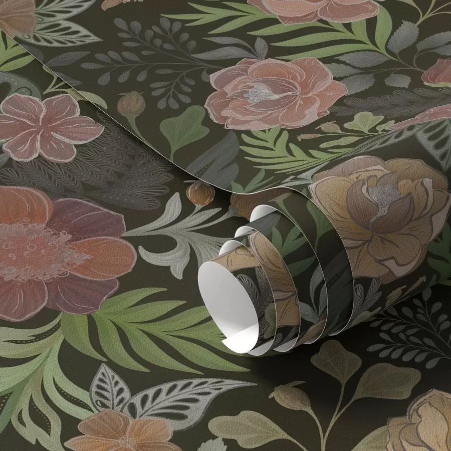 wall murals Rich flowers and greenery on a deep dark background a00932