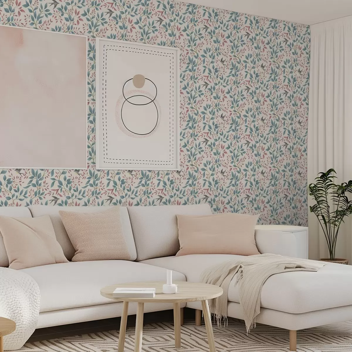 Wallpaper Blue and pink branches with birds on a cream background a00933