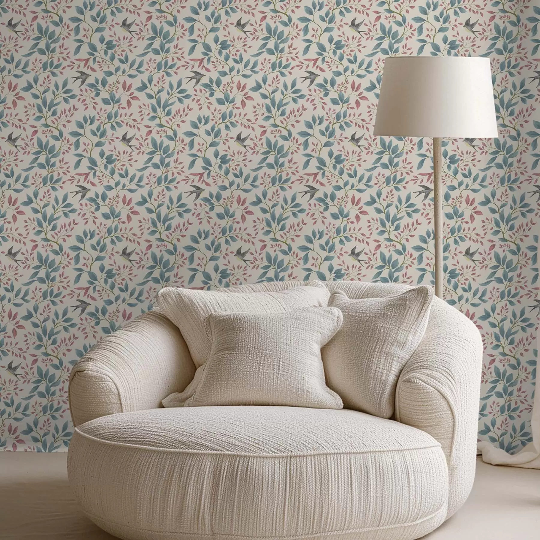 Wall Mural Photo Wallpaper Blue and pink branches with birds on a cream background a00933