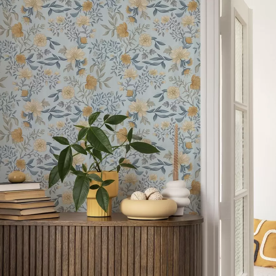 wall murals Yellow and blue flowers with leaves on a sky blue background a00934