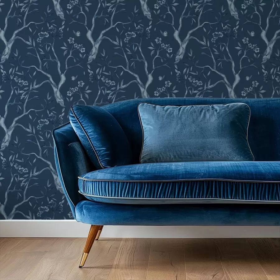 murales Ramas con flores azules y mariposas sobre fondo oscuro. a00951v1