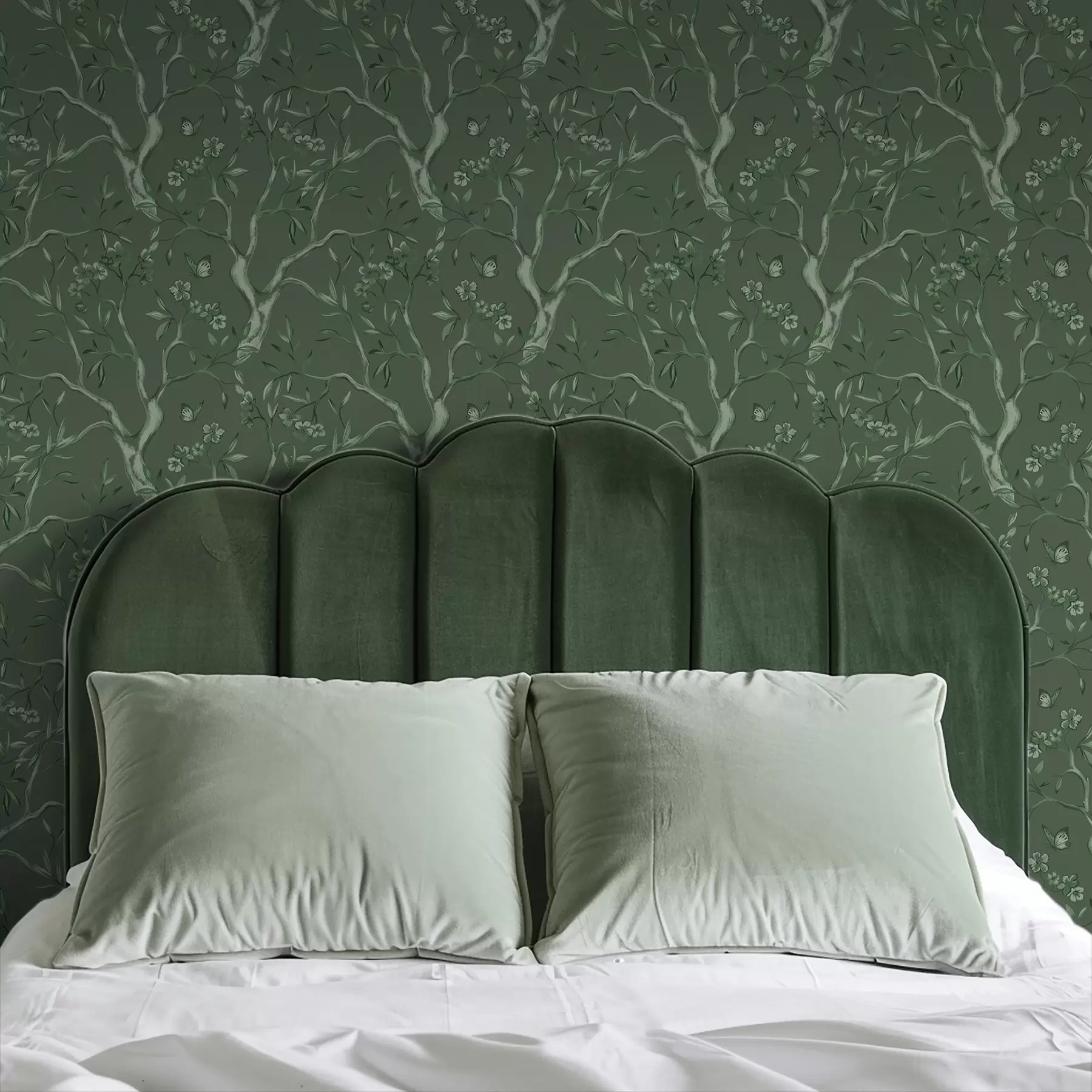 wall murals Green flowering branches with butterflies on a deep background a00951v3