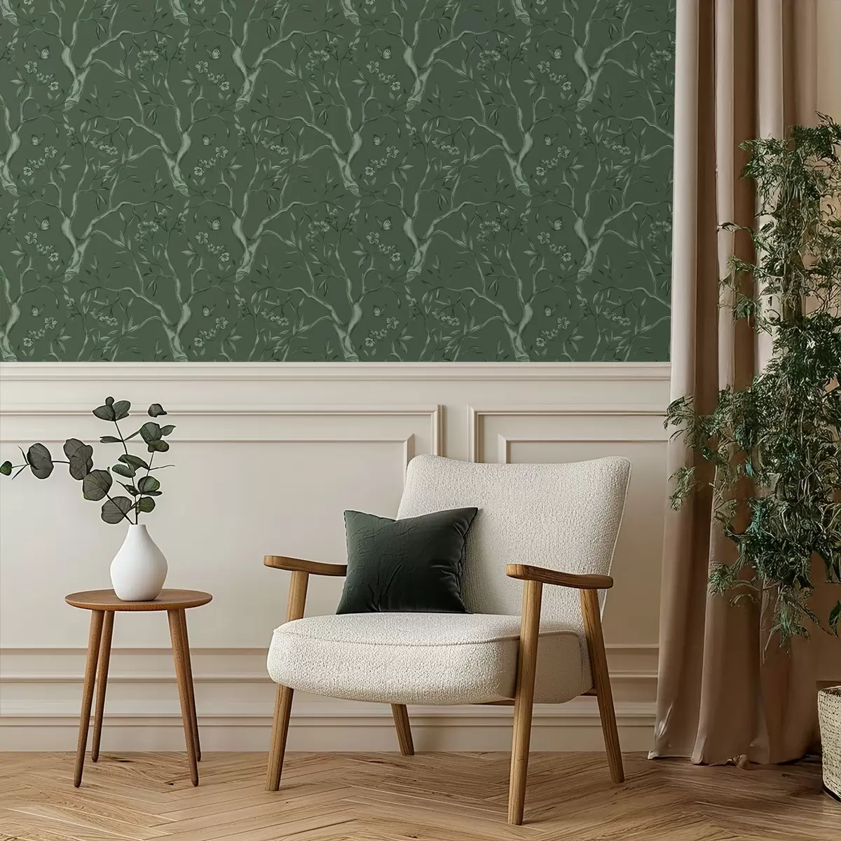 Papel pintado Ramas con flores verdes y mariposas sobre un fondo oscuro. a00951v3