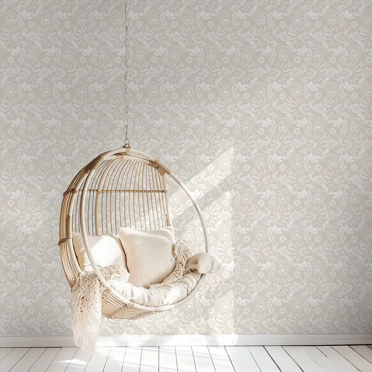 Wallpaper White linear floral ornament on a beige background a00956